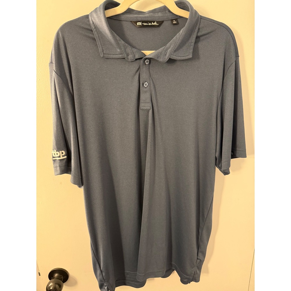 TravisMathew Men XL Gray Blue Performance Golf Polo Shirt TBP Logo Short Sleeve